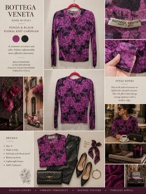 Bottega Veneta Knit Cardigan Made In Italy Black Magenta Floral Motif - 8